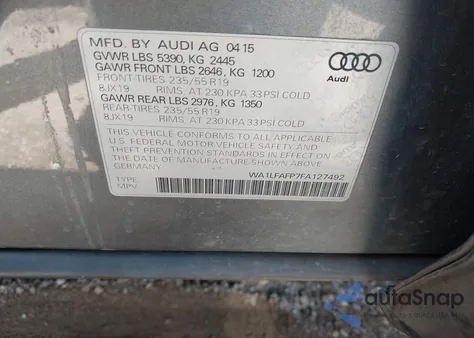 2015 Audi Q5 2.0T Premium из США, поврежденный, VIN WA1LFAFP7FA127492